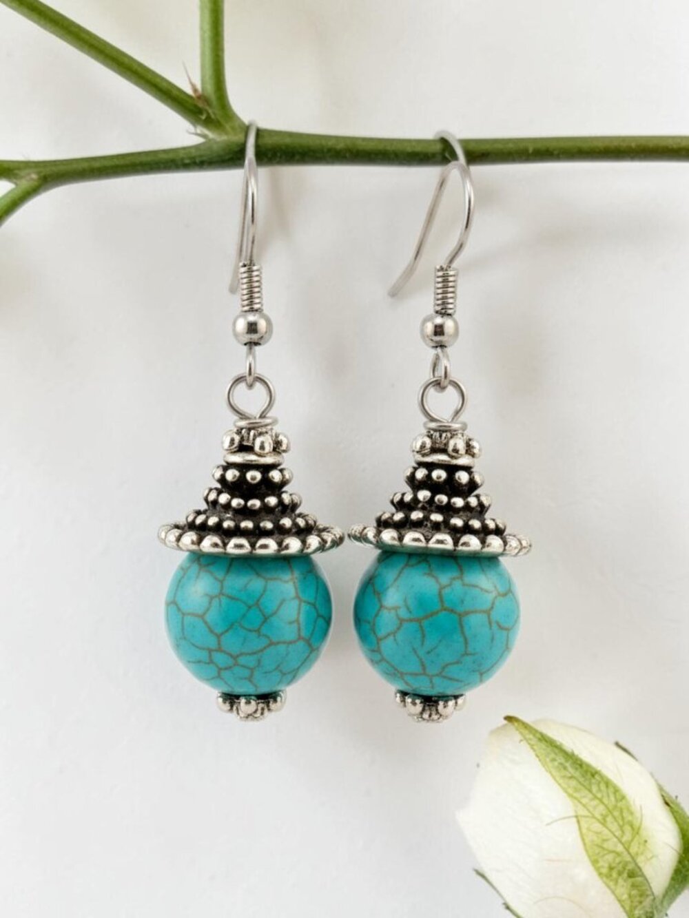 Turquoise Blue Earrings Wagnerite Gemstone Southwestern Boho Surgical Steel